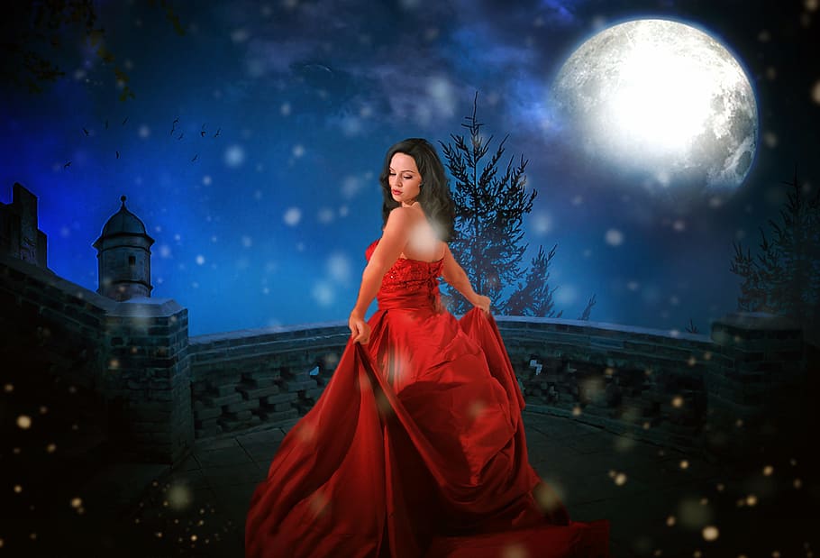 woman wearing red dress on bridge, princess, castle, moon, full moon, HD wallpaper