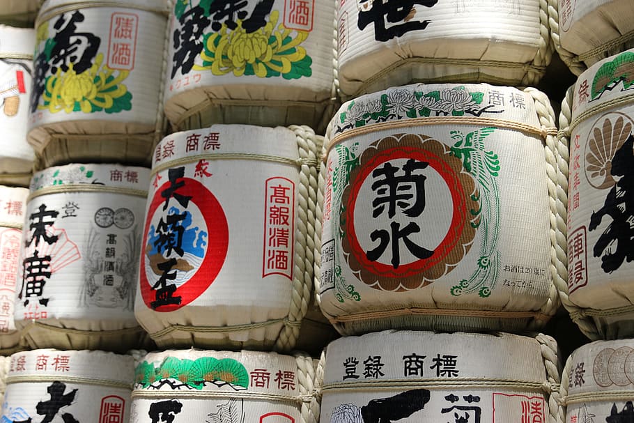 selective focus photography of kanji text jars, japan, asia, sake, HD wallpaper