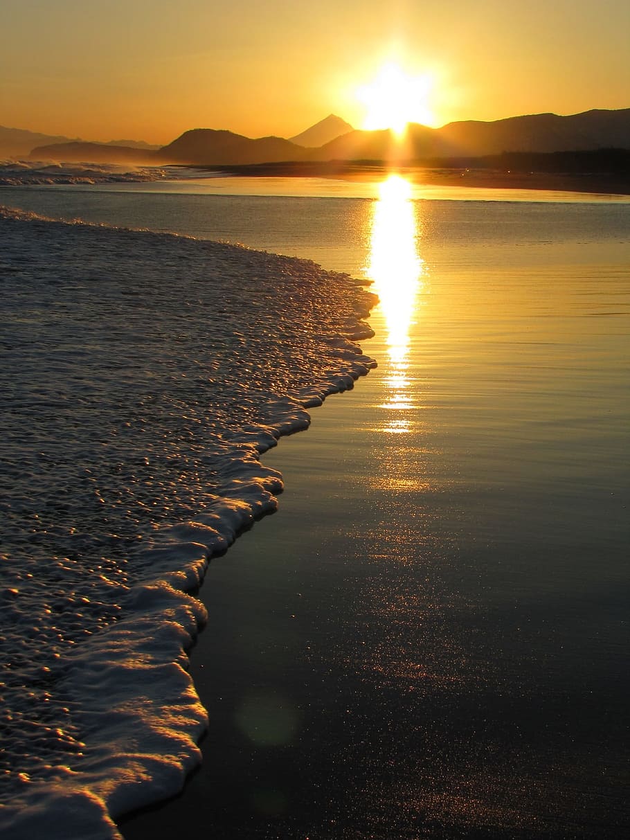 ocean, volcano, mountains, wave, sunset, seascape, surf, coast HD wallpaper