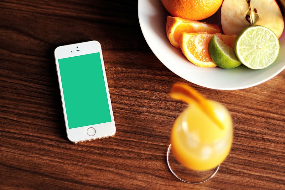 silver iPhone 5s on table, brown, wood, surface, fruits, white HD wallpaper