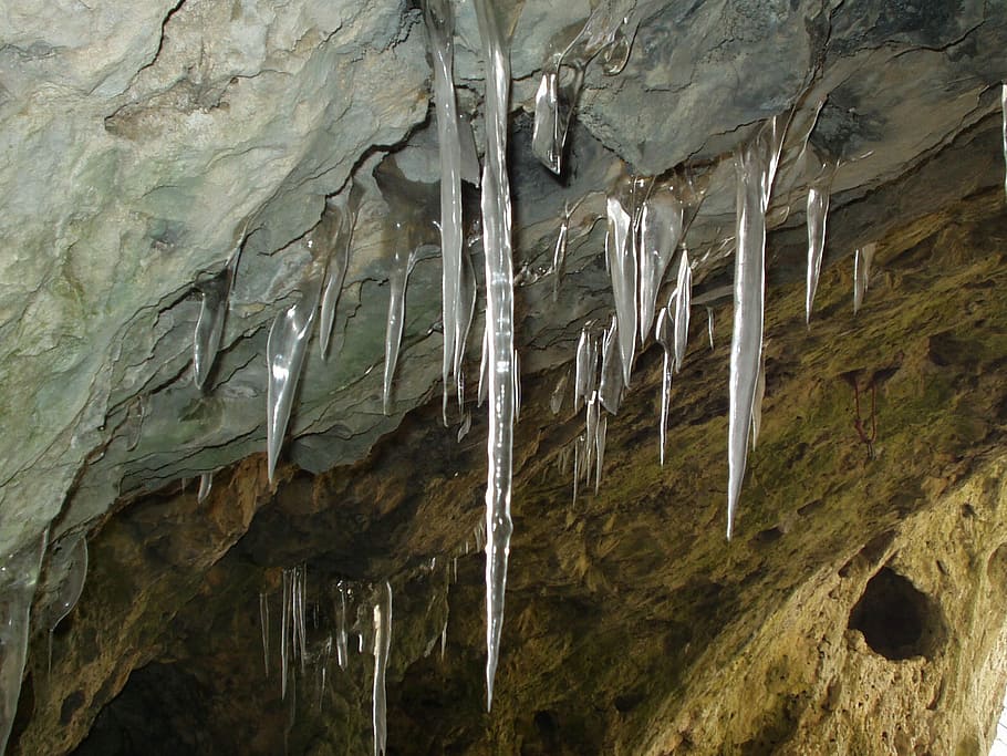 clear ice shards, icicle, cave, winter, cold, rock, rock - object HD wallpaper