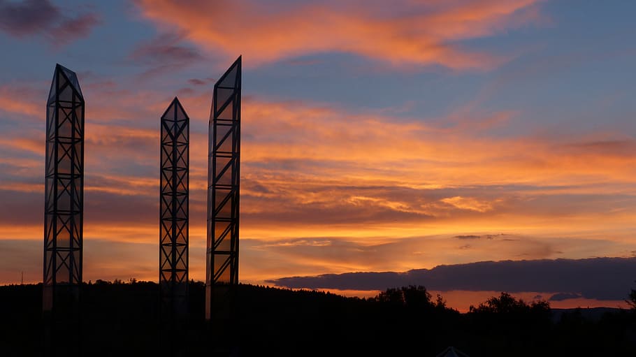columnar, steles, glass columns, art, artwork, modern art, sunset HD wallpaper