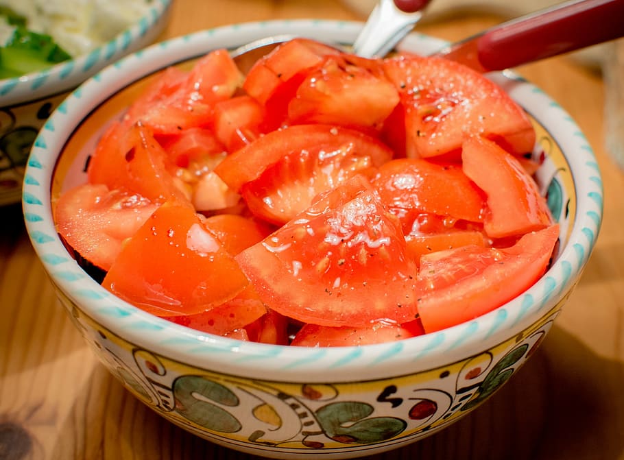 tomato salad, shell, cut, tomatoes, vegetables, raw food, eat HD wallpaper