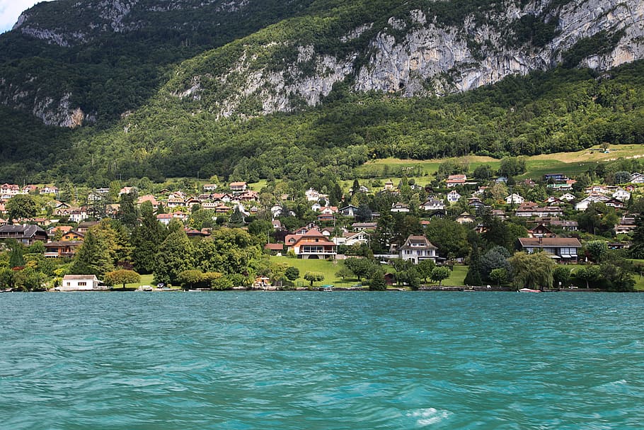 annecy, lake, city, village, annecy lake, house, water's edge, HD wallpaper