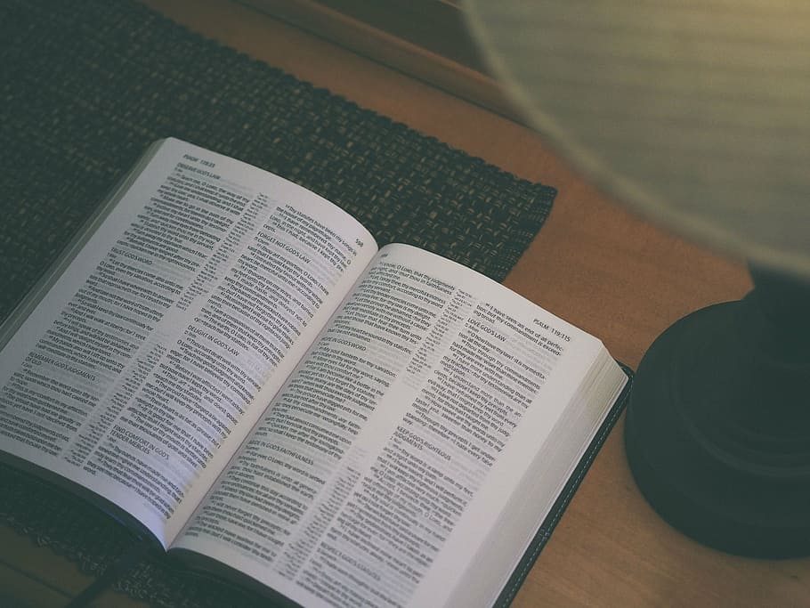 opened book on desk, holy, bible, reading, religion, table HD wallpaper