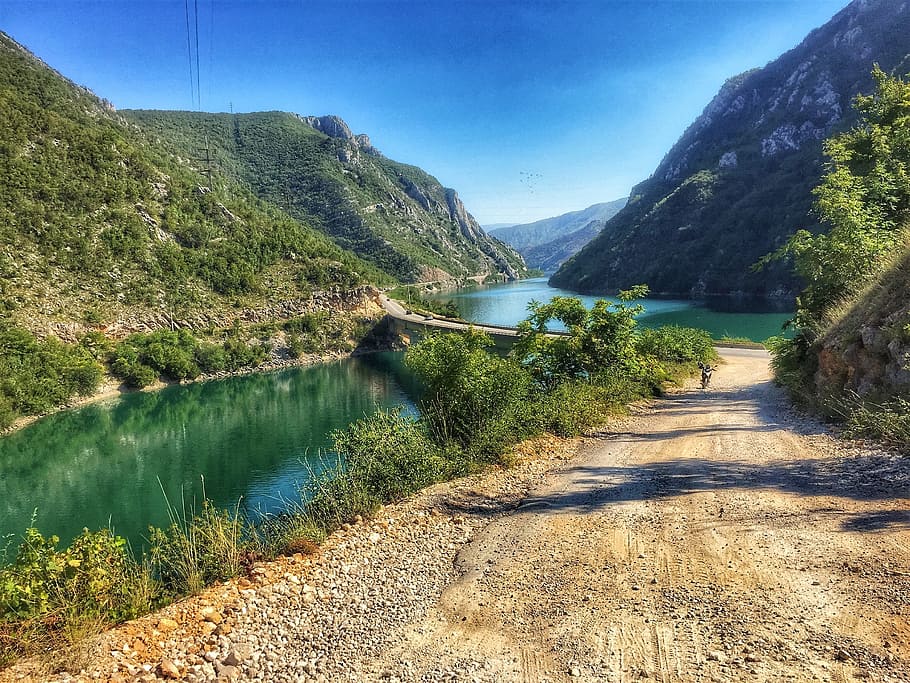 Road, River, Gravel, Motorcycle, beside road, alone, serbia, HD wallpaper
