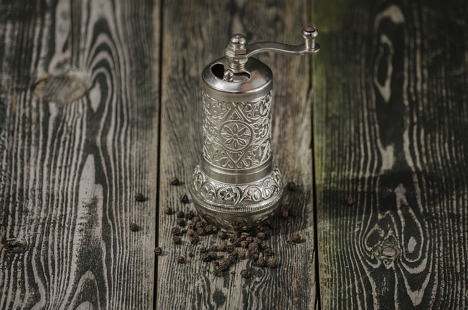 silver pepper mill on wooden surface, crusher, food, vegetables