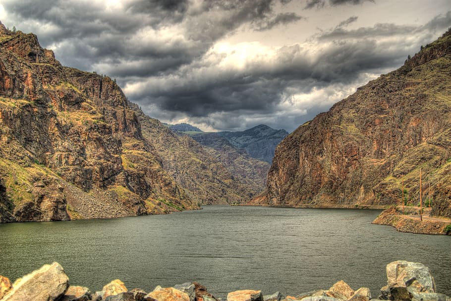 hells canyon, oregon, river, clouds, hdr, hdf, rocks, sky, water HD wallpaper