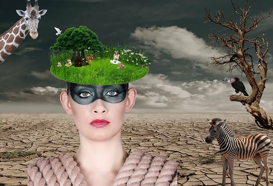 woman with black mask with with animal background edited photo, HD wallpaper