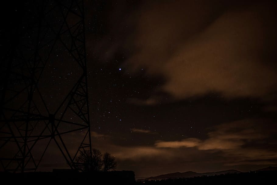 gray metal tower under night sky, stars during nighttime, cloud HD wallpaper