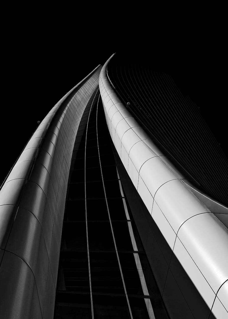 grayscale photo of high-rise building, worms eyeview of gray building HD wallpaper