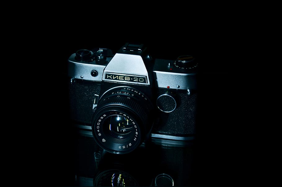 camera, kiev 20, film, old, black background, manual, old photos