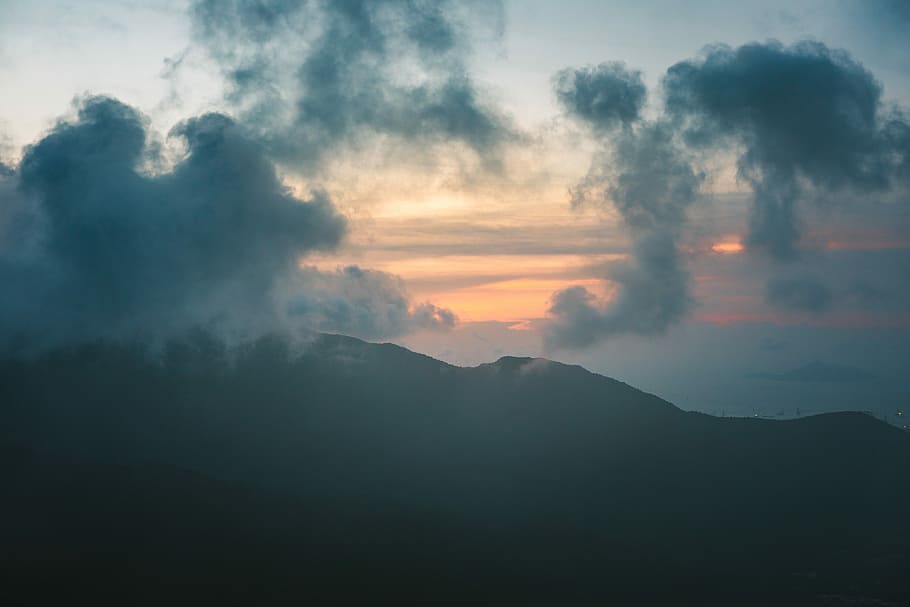 silhouette of mountain under cumulus clouds, aerial photo of cumulus cloud HD wallpaper