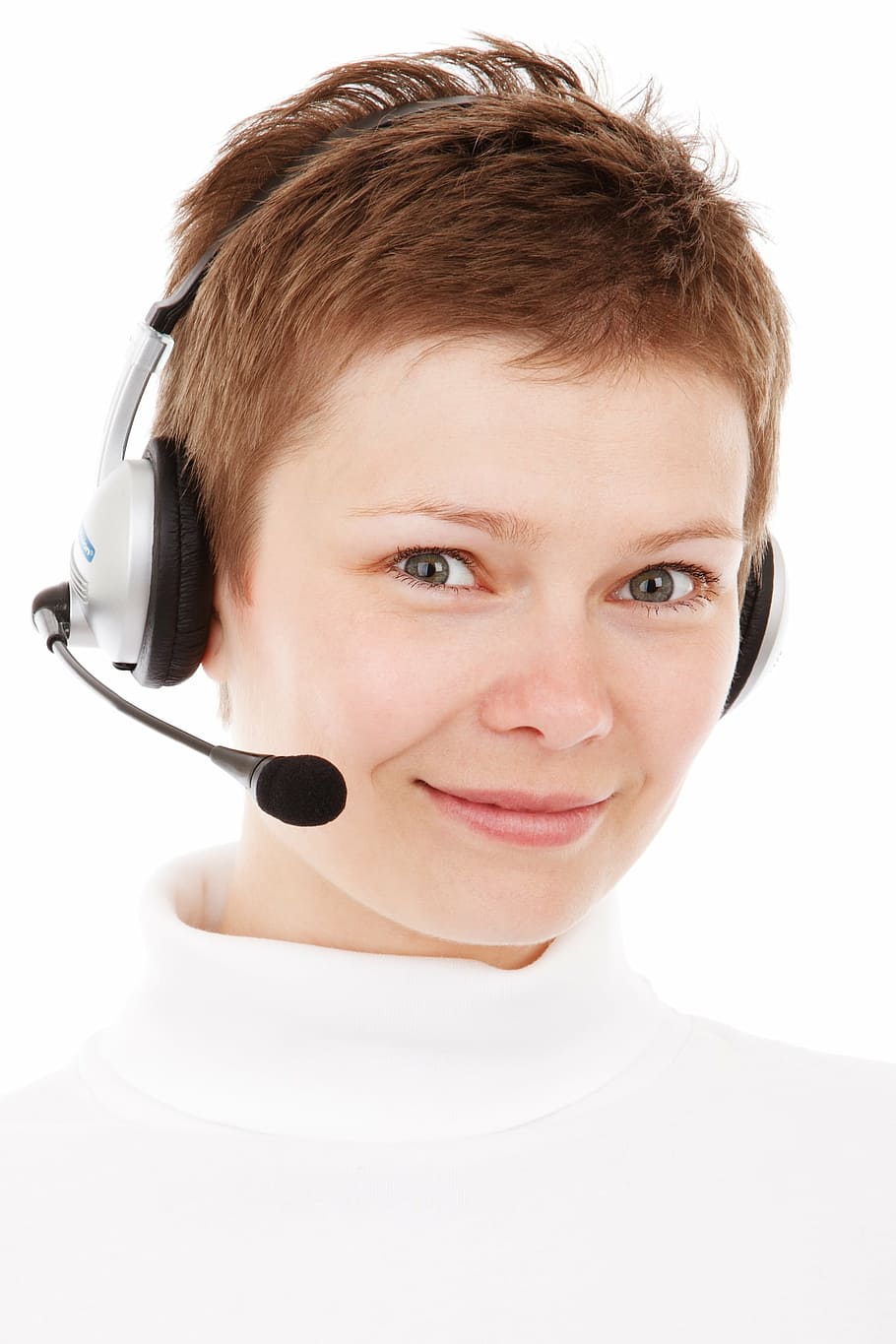 woman wearing white turtleneck shirt with gray headset, agent