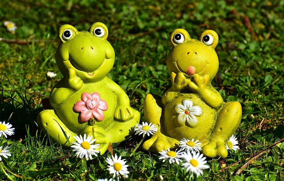 two green frog figurines beside white petaled flowers, frogs HD wallpaper