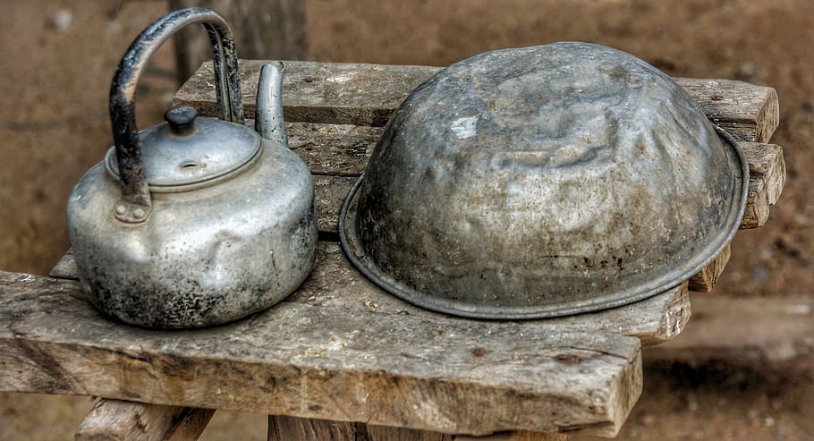 gray kettle and bowl on table, poor, people, basic, needs, old HD wallpaper