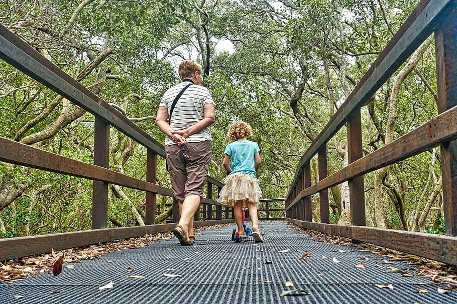 girl walking on bridge, togetherness, track, happiness, strolling HD wallpaper