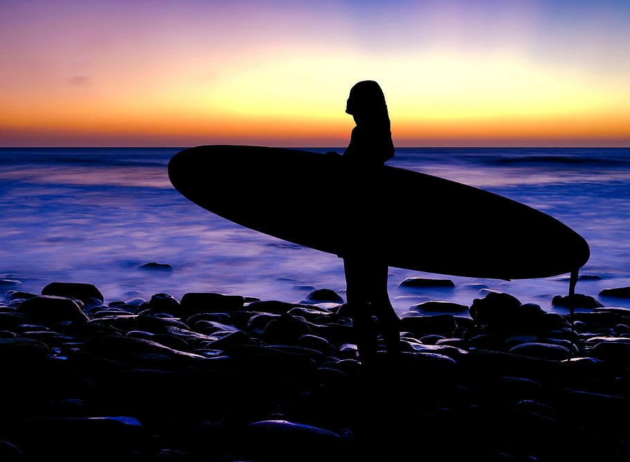 surfer, sunset, silhouette, sea, wave, ocean, water, beach