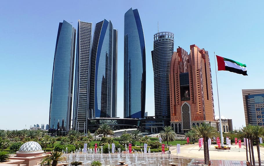 blue buildings, architecture, skyscraper, skyline, abu dhabi HD wallpaper