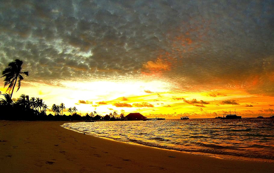 Maldives, Sunset, Beach, Ocean, Island, beauty in nature, scenics HD wallpaper