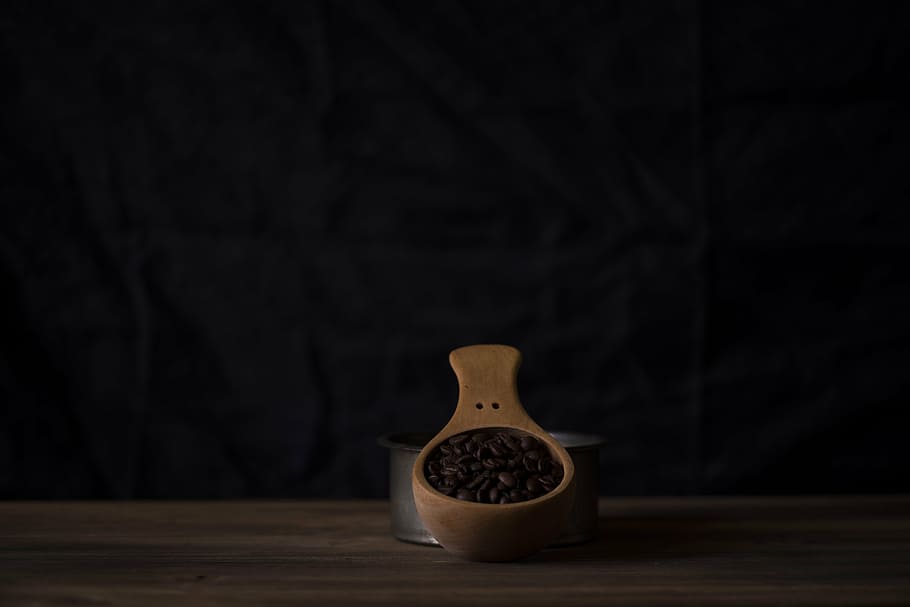 brown wooden container and black coffee beans, dark, room, table HD wallpaper