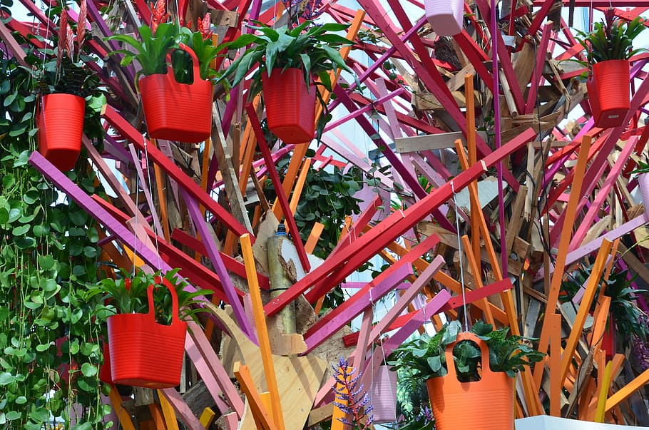 bag, shopping, tree, sculpture, plant, red, no people, growth HD wallpaper