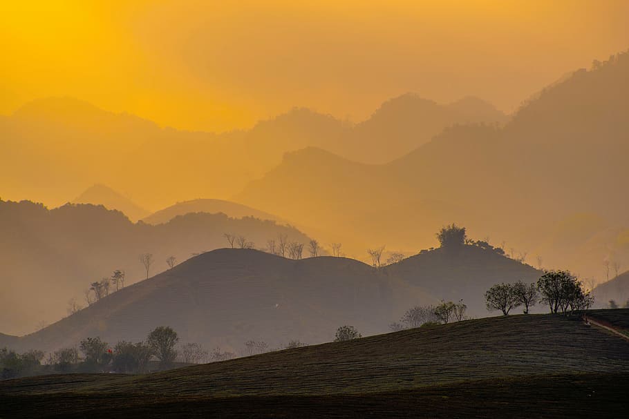 silhouette of mountain with trees during sunset, nature, landscape HD wallpaper