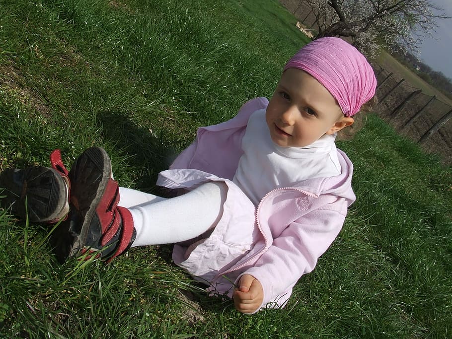 Child, Pink, Winter, View, Sit, in the grass, girl, happy, childhood HD wallpaper