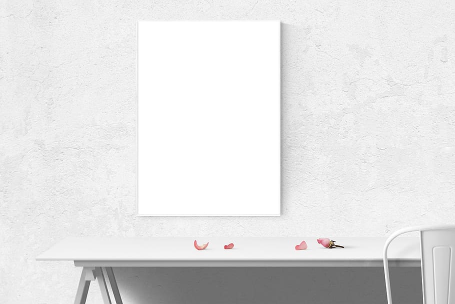 rectangular mirror and white wooden table, poster mockup, frame