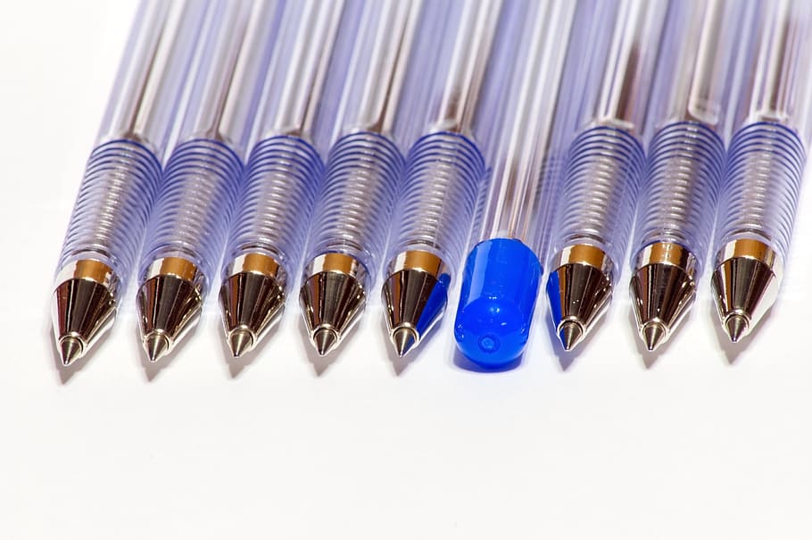 pens, stationery, office, set, blue, no people, in a row, white background HD wallpaper