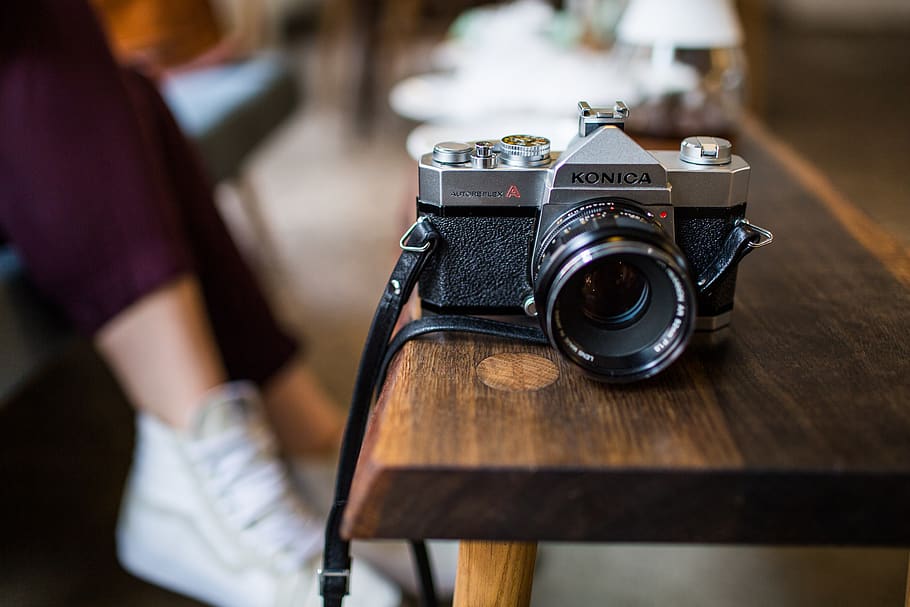 camera, accessory, konica, outdoor, travel, wooden, bench, photography themes