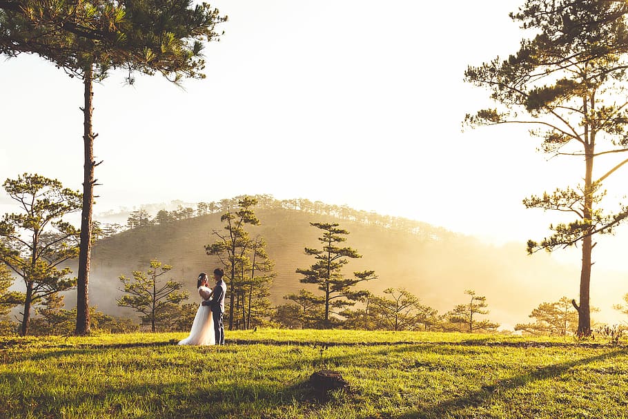 groom and bride standing on green grass field while cuddling and with mountain and trees at the distance during daytime, man and woman hugging on grass fiel, HD wallpaper