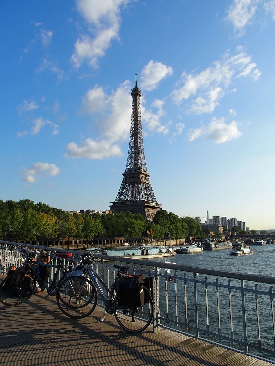 Paris, Eiffel Tower, Bike, Sun, Bridge, travel destinations HD wallpaper