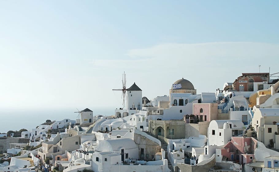 white painted houses, santorini, greece, blue, sky, flag, greek HD wallpaper