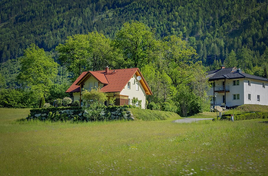 austria, fields, trees, nature, cabin, casita, blue green, house HD wallpaper