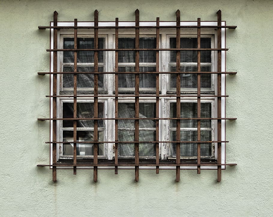 facade, grid, window, grate, iron railings, burglar alarm, old window