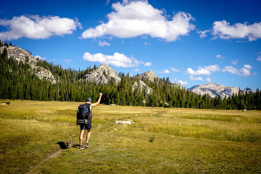 Stomping - Yosemite, Cali, USA, man wearing black backpack walking on green grass during daytime HD wallpaper