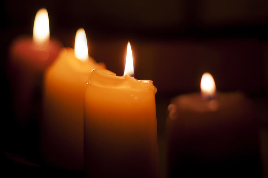 close-up photo of four candles, dark, flame, light, candlelight HD wallpaper