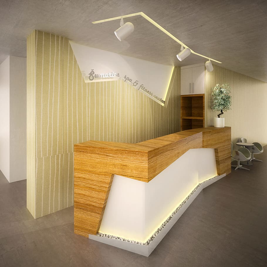 brown and white wooden countertop inside lighted room, reception