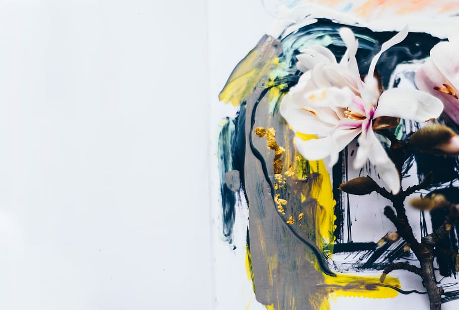 abstract painting, white and pink orchid, flower, texture, yellow HD wallpaper