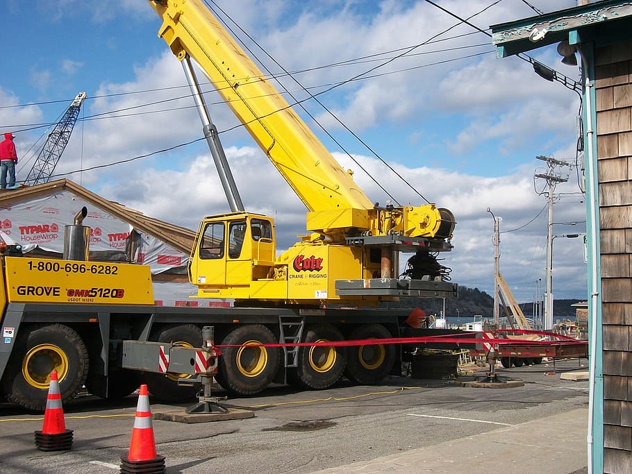 crane, large crane, construction, construction equipment, lighting HD wallpaper
