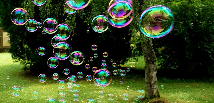 iridescent bubbles on grass field, soap bubbles, colorful, fly HD wallpaper