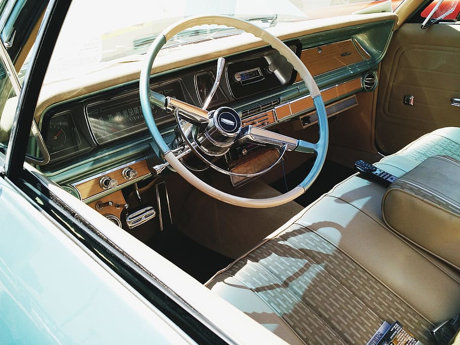 gray vehicle interior, steering wheel, drive, car, retro auro HD wallpaper