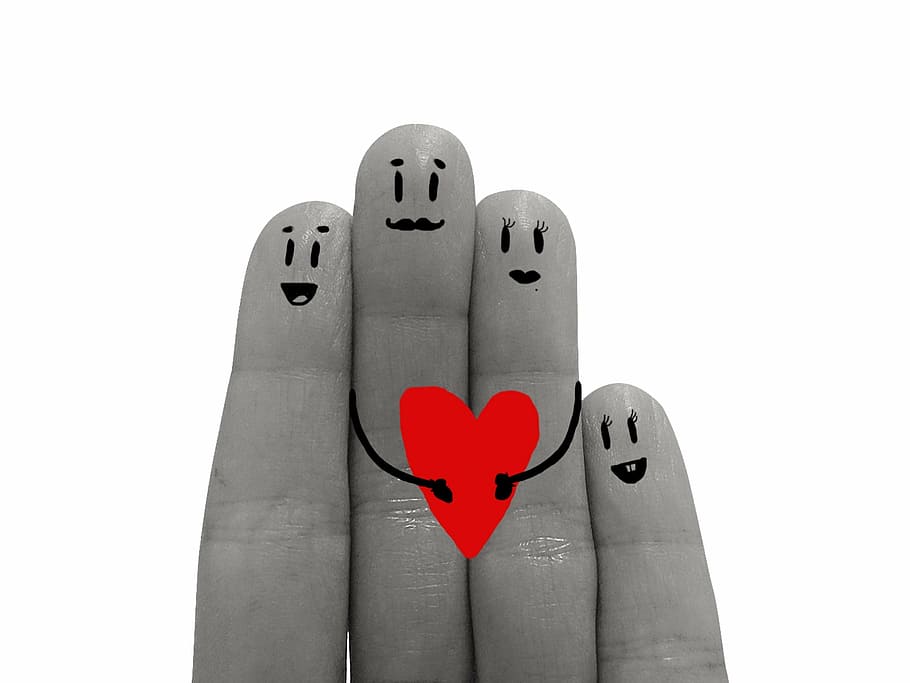 grayscale photography of human fingers, family, love, heart, red, HD wallpaper