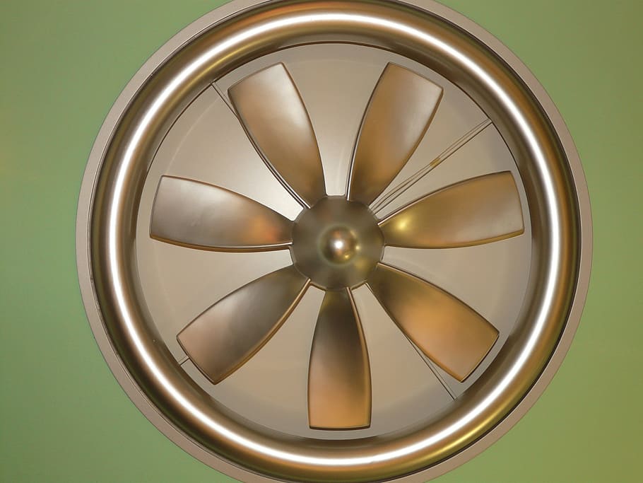 round gray steel saucer, fan, ceiling fan, technology, propeller