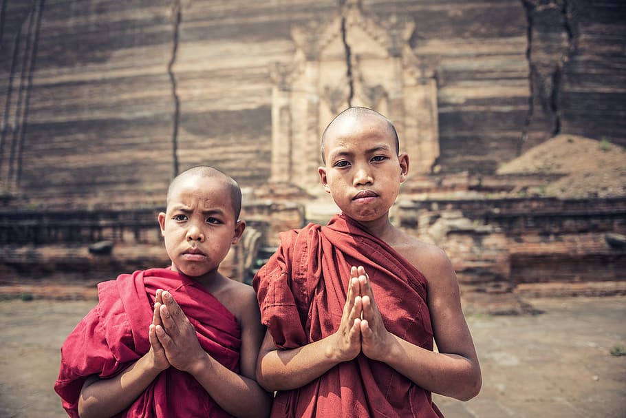 two boy monks, i pray, asia, burma, faith, a blessing, buddha