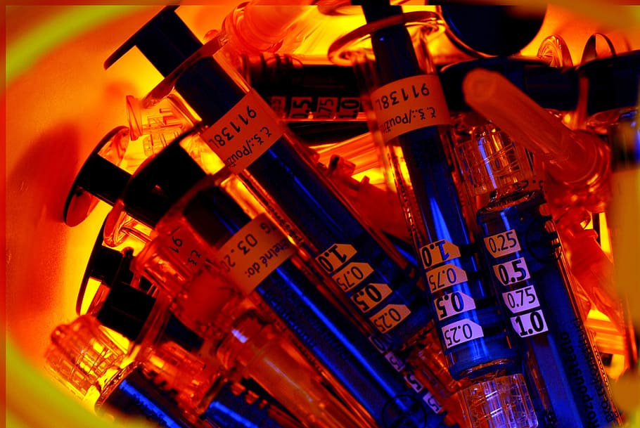 injection, syringe, jar, blue, text, no people, large group of objects HD wallpaper