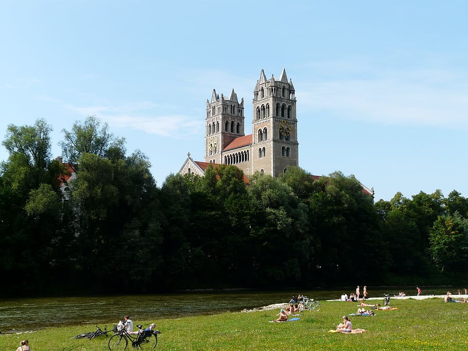 Isar, River, Lawn, Bathing, Meadow, bathing meadow, catholic parish church HD wallpaper