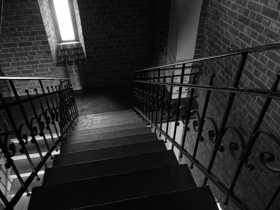 grayscale photo of stairs, perspective, gradually, building HD wallpaper