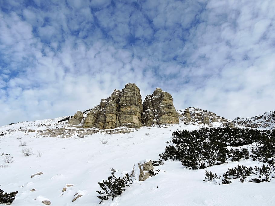 Dolomites, Mountains, Snow, Small, clouds, sky, alps, italy HD wallpaper